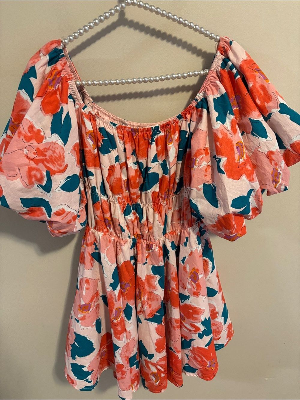 NEW &merci Floral Puff Sleeve Mini Dress Medium Coral Pink Smocked Babydoll Boho